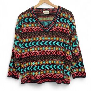 Croquet Women’s S Vintage South Western Knit Print V Neck Sweater Crewneck